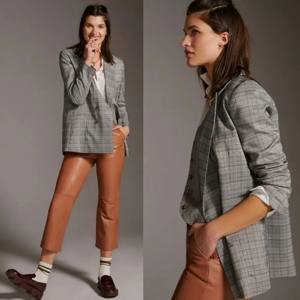 New Anthropologie Hutch Classic Longline Double Breasted Plaid Maize Blazer Sz M